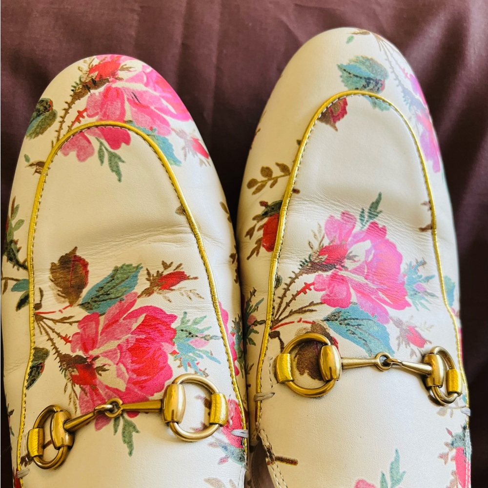 Gucci Floral Leather Horsebit Mules in Cream with Pink & Red Accents - Picture 12 of 13